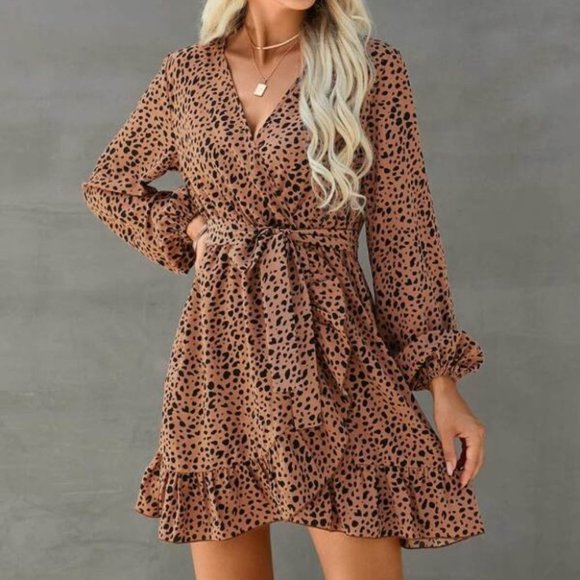 MODA ME COUTURE Dresses & Skirts - Dalmatian Print Belted Wrap Dress Brown / Black
